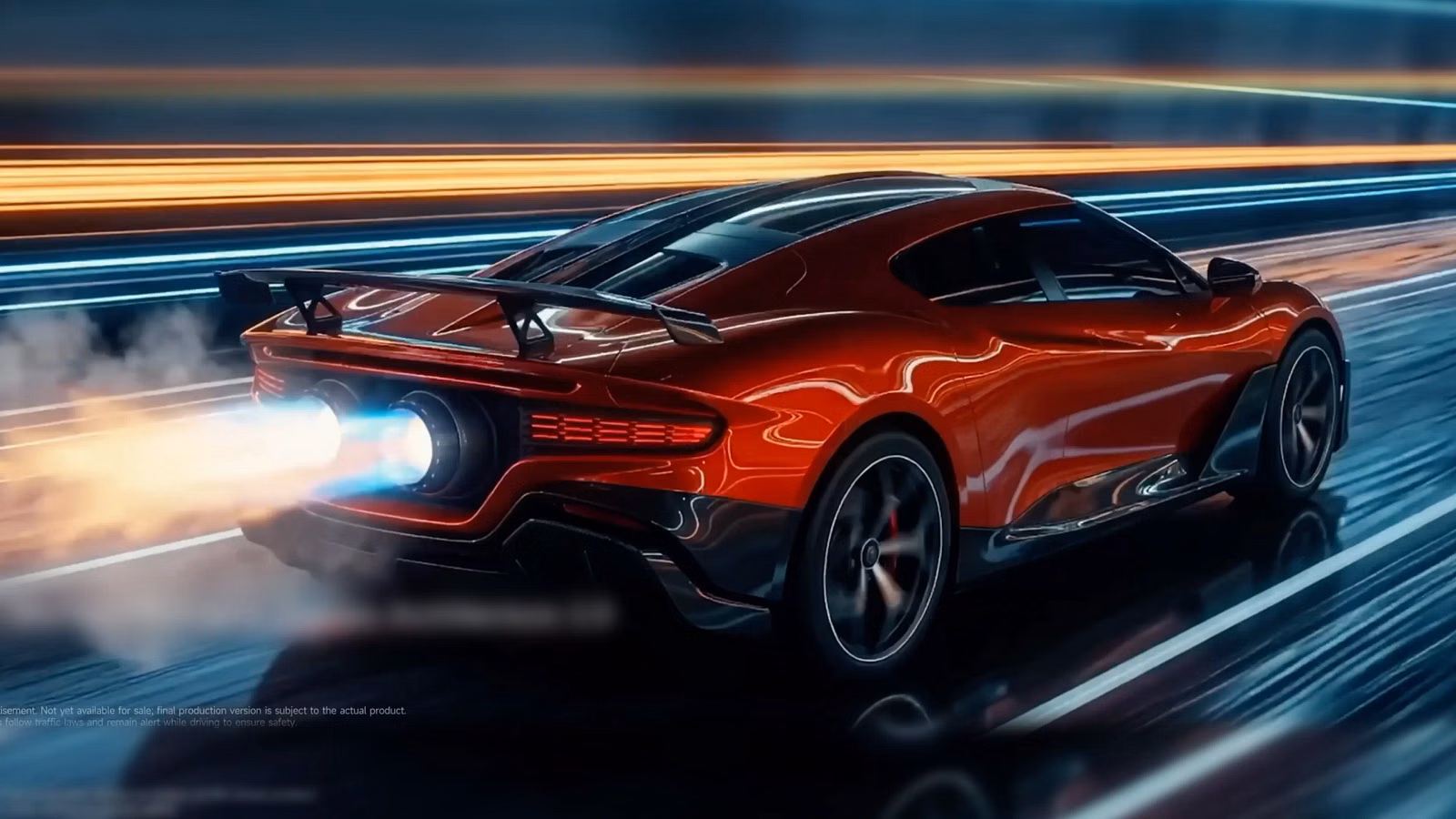 Red sports car with a large rear spoiler speeding on a neon-lit track, motion blur in the background.