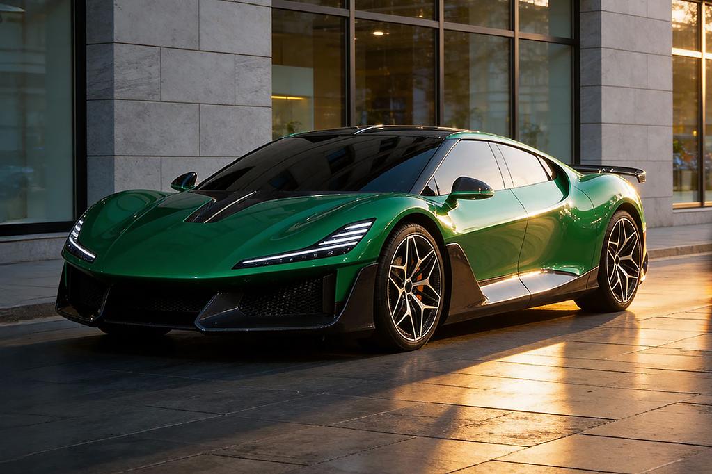 Green sports car parked on a paved street beside a modern glass-front building at sunset, with golden reflections on the body.
