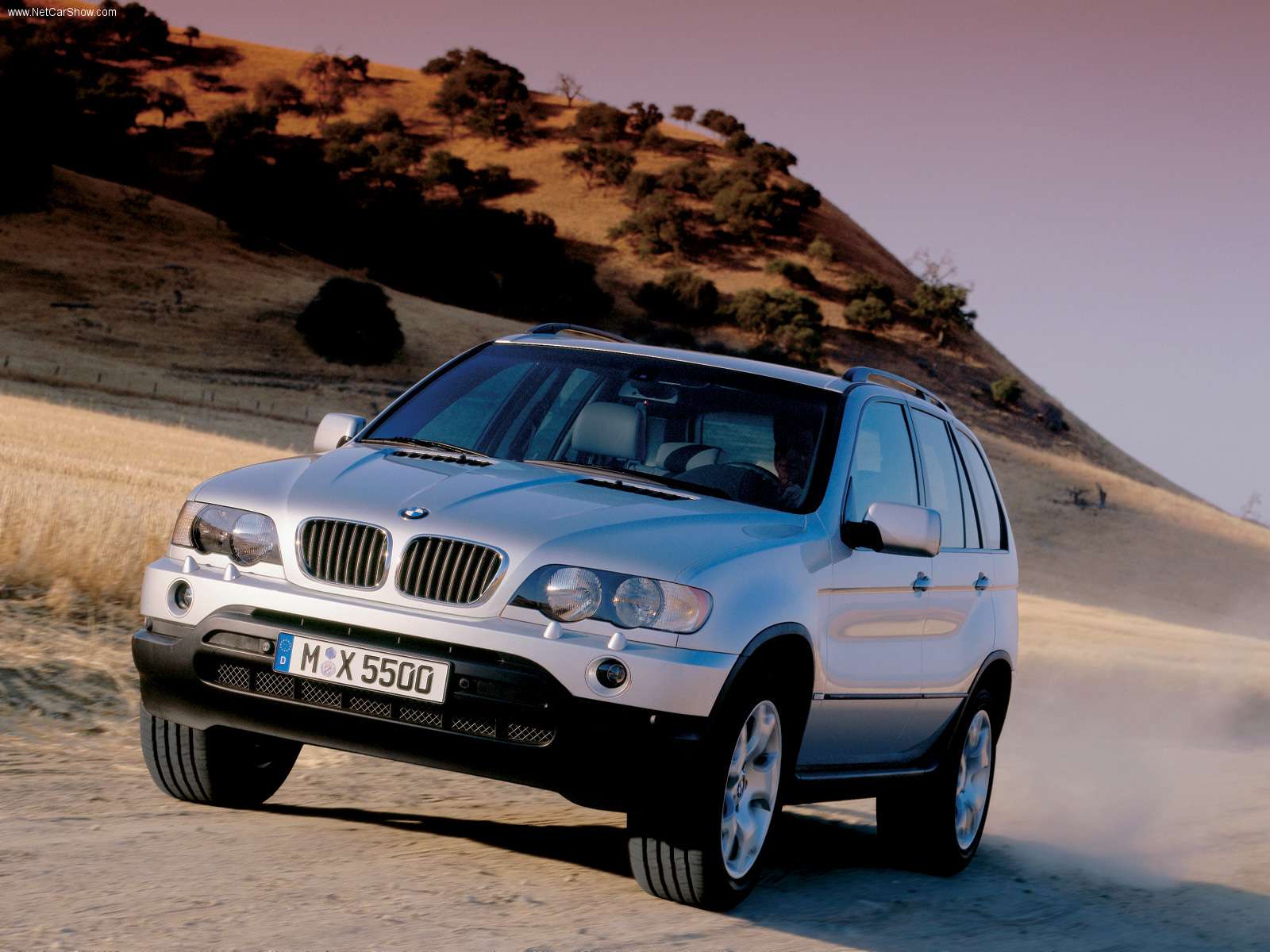 Silver BMW SUV driving on a dusty off-road road with brown hills and sparse trees in the background.
