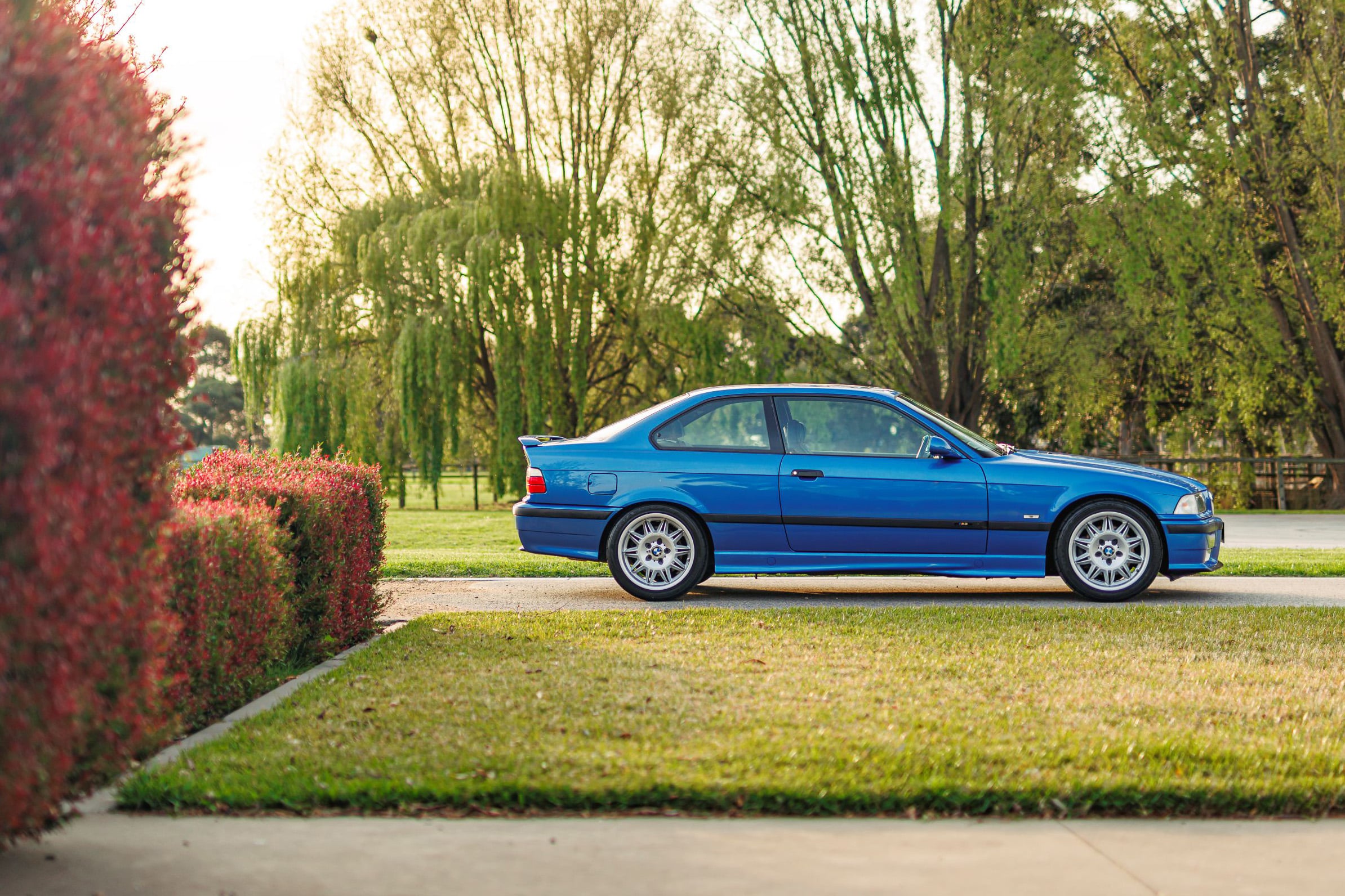 Blue two-door car parked along a curb with green trees and red flowering bushes in the background as sunlight filters through the scene.