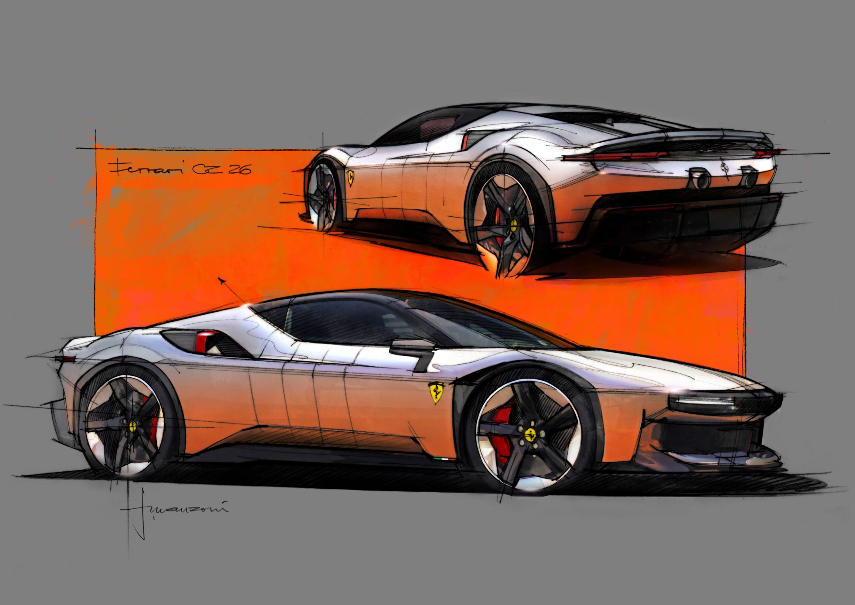 Sketch-style illustration of an orange Ferrari sports car viewed from the rear-right, on a gray background with bold black sketch lines.