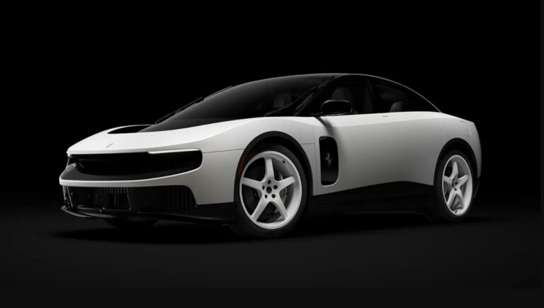 White Ferrari sports car with black roof on a dark background, showcasing its low, aerodynamic profile and alloy wheels