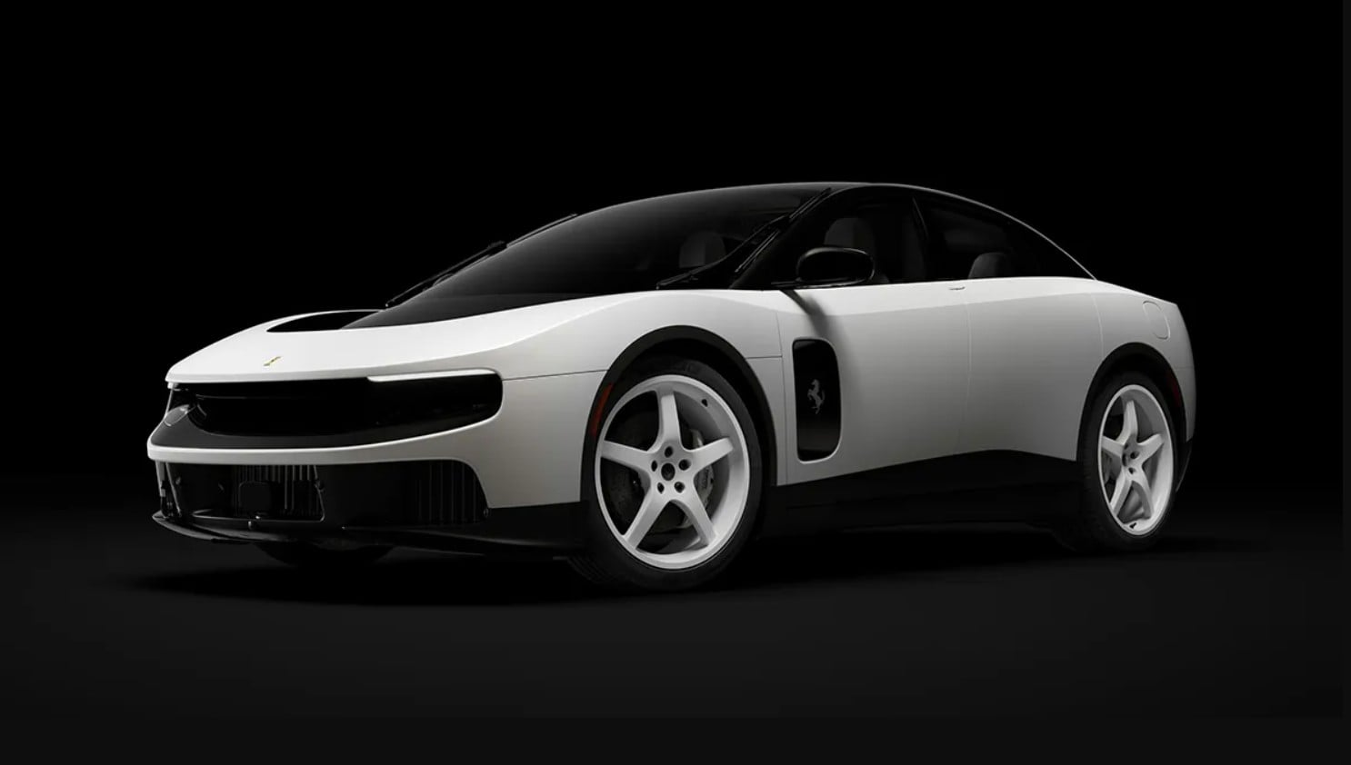 White Ferrari sports car with black roof on a dark background, showcasing its low, aerodynamic profile and alloy wheels