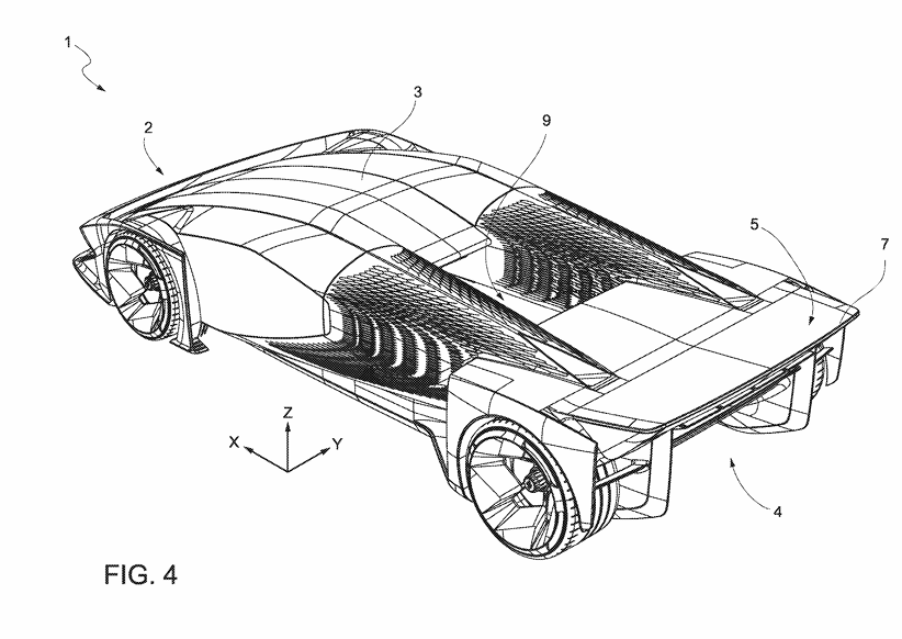 Isometric line drawing of a futuristic concept car with exposed interior and numbered callouts (1–9), viewed from the front-left.