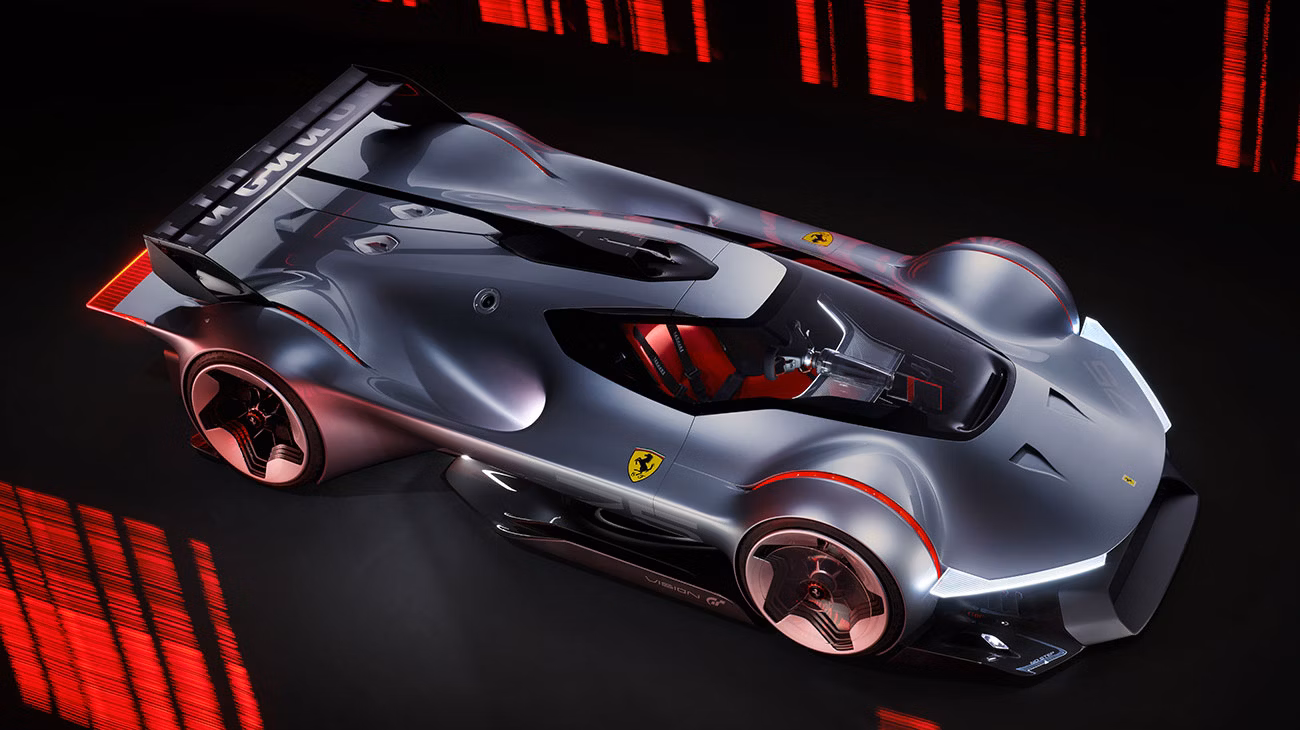 Silver futuristic Ferrari concept race car with red accents, low-slung aerodynamic body and a transparent cockpit.