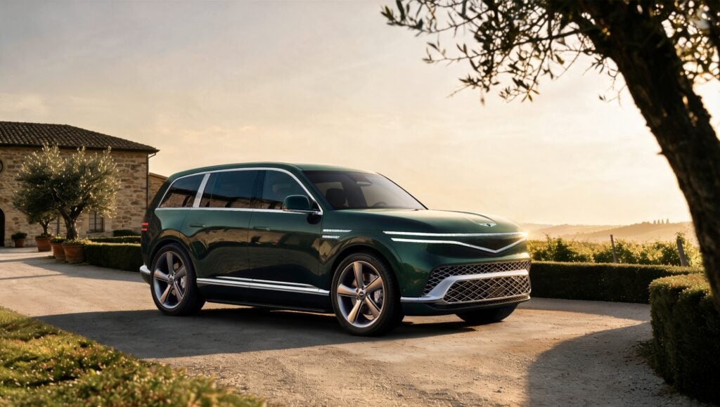 Green luxury SUV parked in a sunlit courtyard beside a stone house and olive trees at sunset.