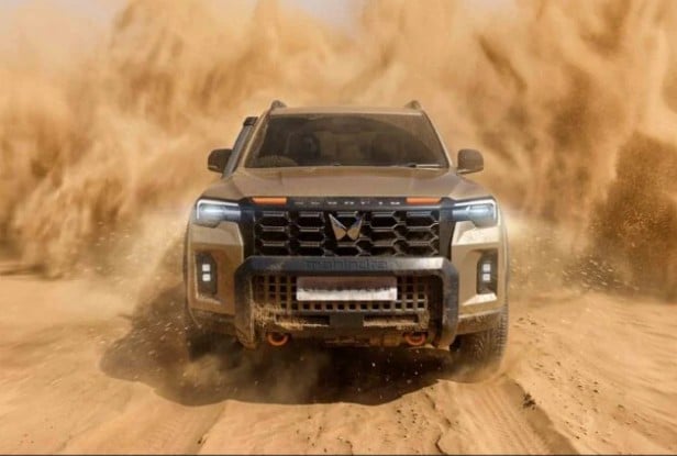 Front view of a rugged pickup truck driving through a dusty desert, sand flying up around the tires.