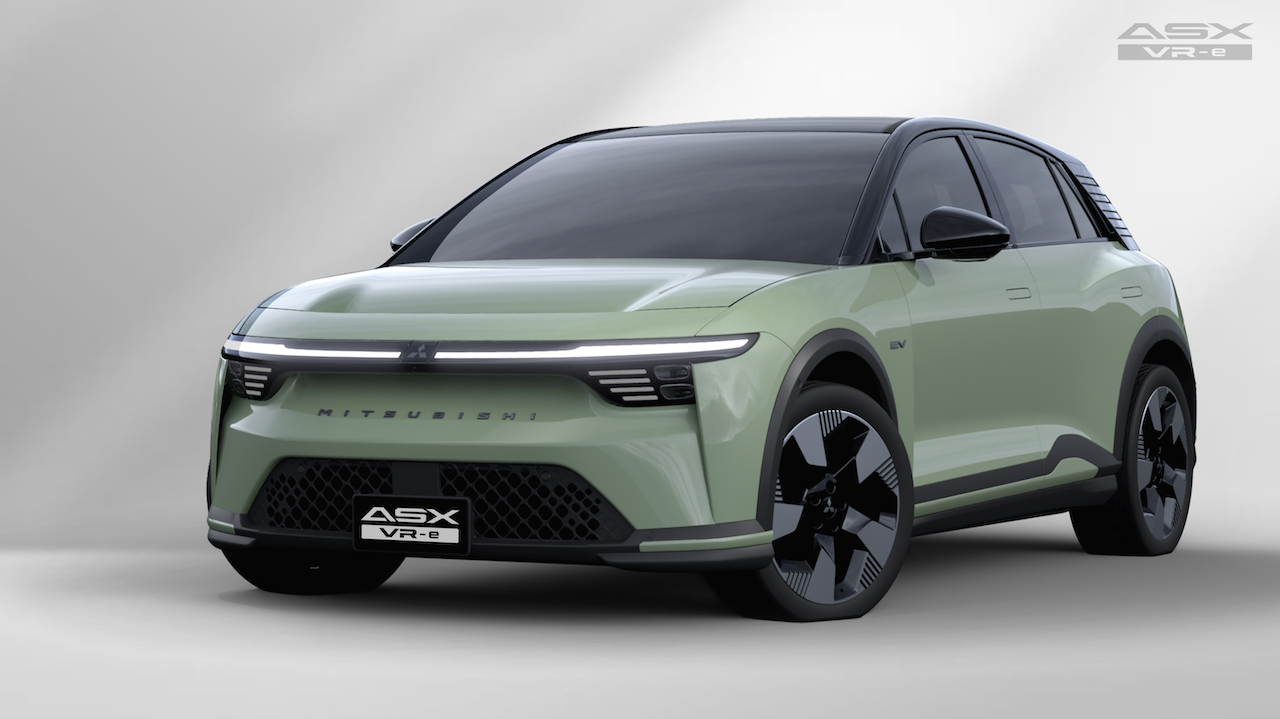 Front three-quarter view of a pale green Mitsubishi ASX VR-e SUV with a black roof and large alloy wheels on a neutral backdrop.