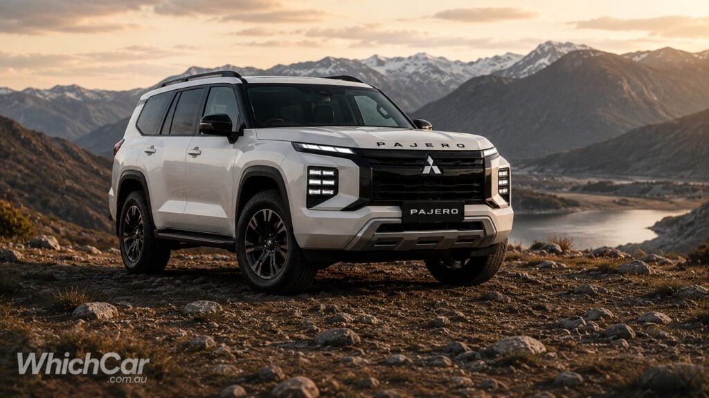 White Mitsubishi Pajero SUV parked on rocky terrain with a mountain range and lake at sunset in the background, showcasing off-road capability.