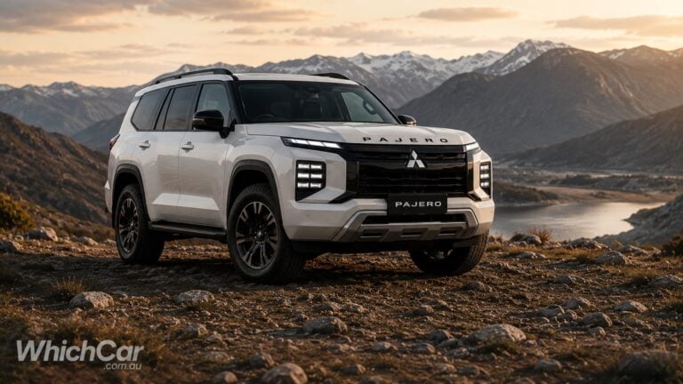 White Mitsubishi Pajero SUV parked on rocky terrain with a mountain range and lake at sunset in the background, showcasing off-road capability.