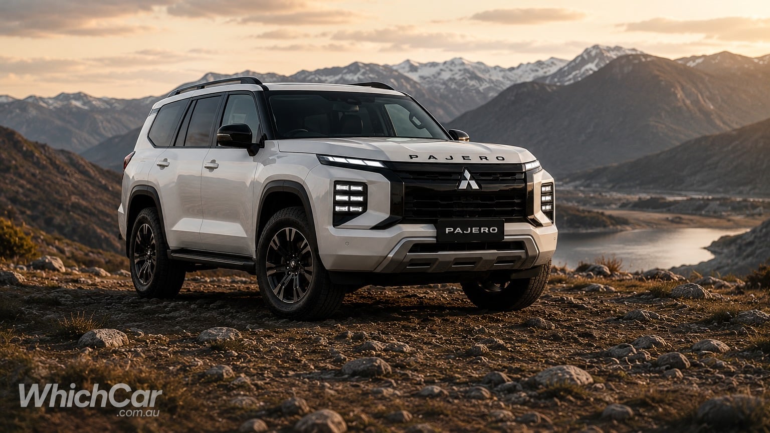 White Mitsubishi Pajero SUV parked on rocky terrain with a mountain range and lake at sunset in the background, showcasing off-road capability.
