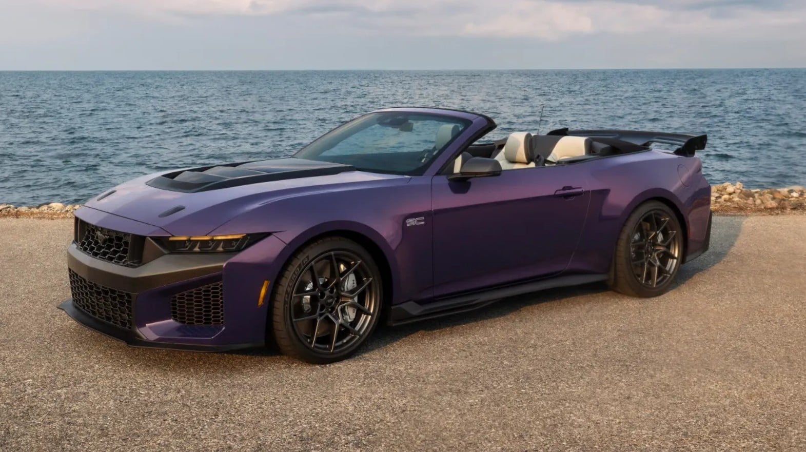 Purple convertible sports car parked on a coastal road with the ocean in the background, top down and tan interior visible.