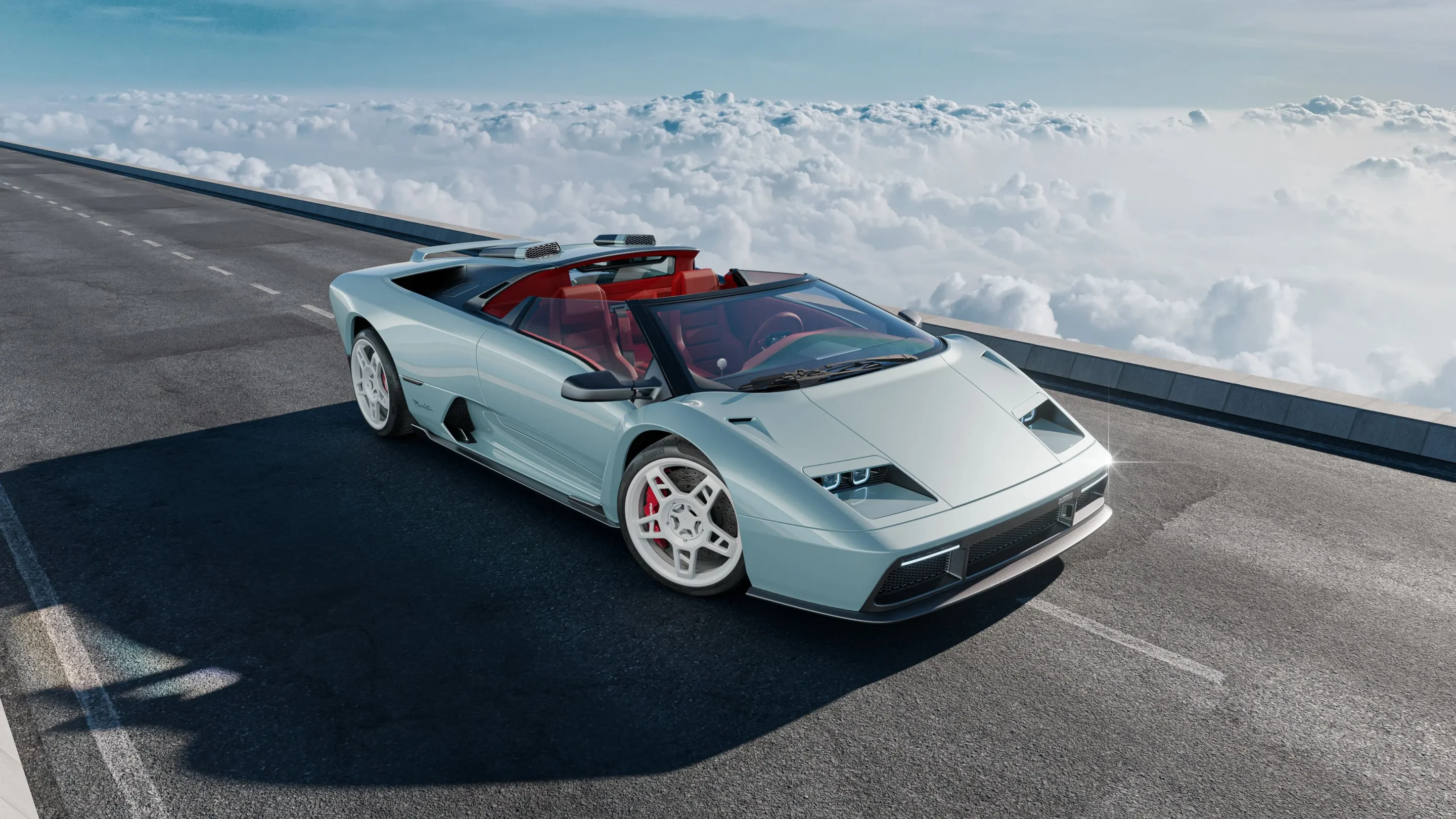 Light blue convertible sports car parked on an elevated highway with a cloudy sky around.