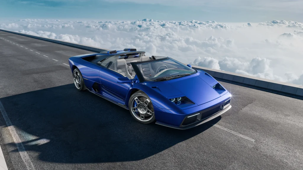 Blue convertible sports car parked on an elevated road above a sea of clouds under a clear blue sky.