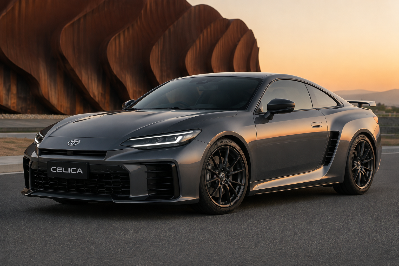 Gray sports car (Toyota) parked on an asphalt road at golden hour, sleek headlights on, front grille with 'CELICA' plate.