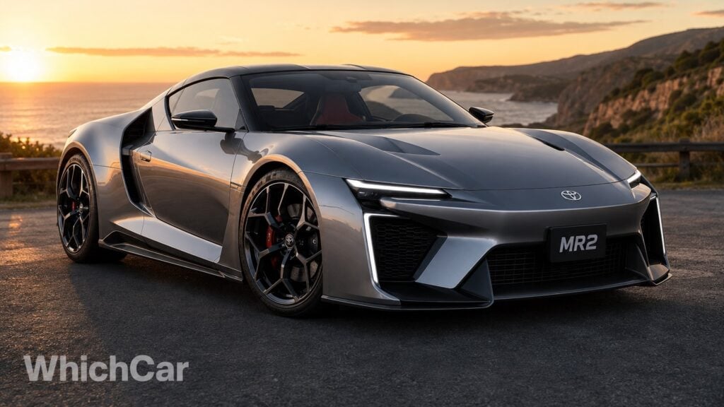 Silver Toyota MR2 sports car parked on a coastal road at sunset, cliffs in the distance and warm golden light