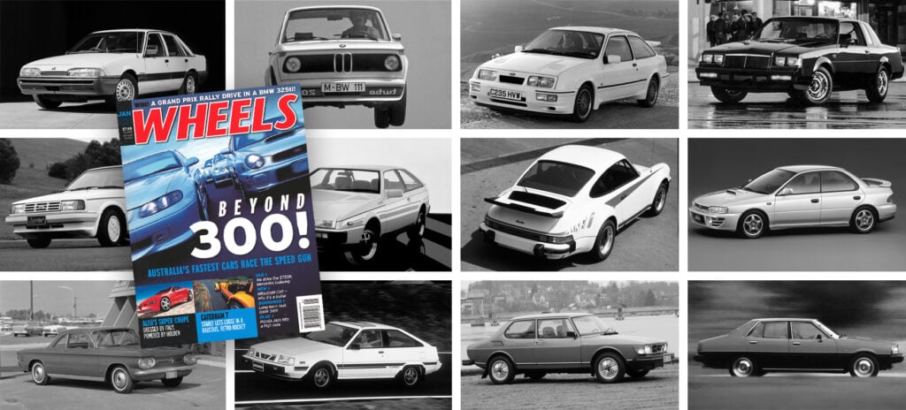 White vintage sedan on a black studio background (left, row 1).','Front view of a gray 1970s BMW 2002-like car (center, row 1).','White coupe on a hillside landscape (right, row 1).','Black-and-white mid-80s sedan in an urban setting (far right, row 1).','White sedan on a rural road (left, row 2).','Rear view of a white German coupe from the 1980s (center, row 2).','Porsche 911 rear quarter view in light gray (right, row 2).','Porsche 944/964-style coupe on a studio gray background (far right, row 2).','Collage of classic cars with a prominent Wheels magazine cover overlay (left, row 2 center).','Two vintage sedans parked on a race track (center, row 3).','Compact hatchback in motion on a city street (right, row 3).','Classic sedan in motion along a highway (far right, row 3).