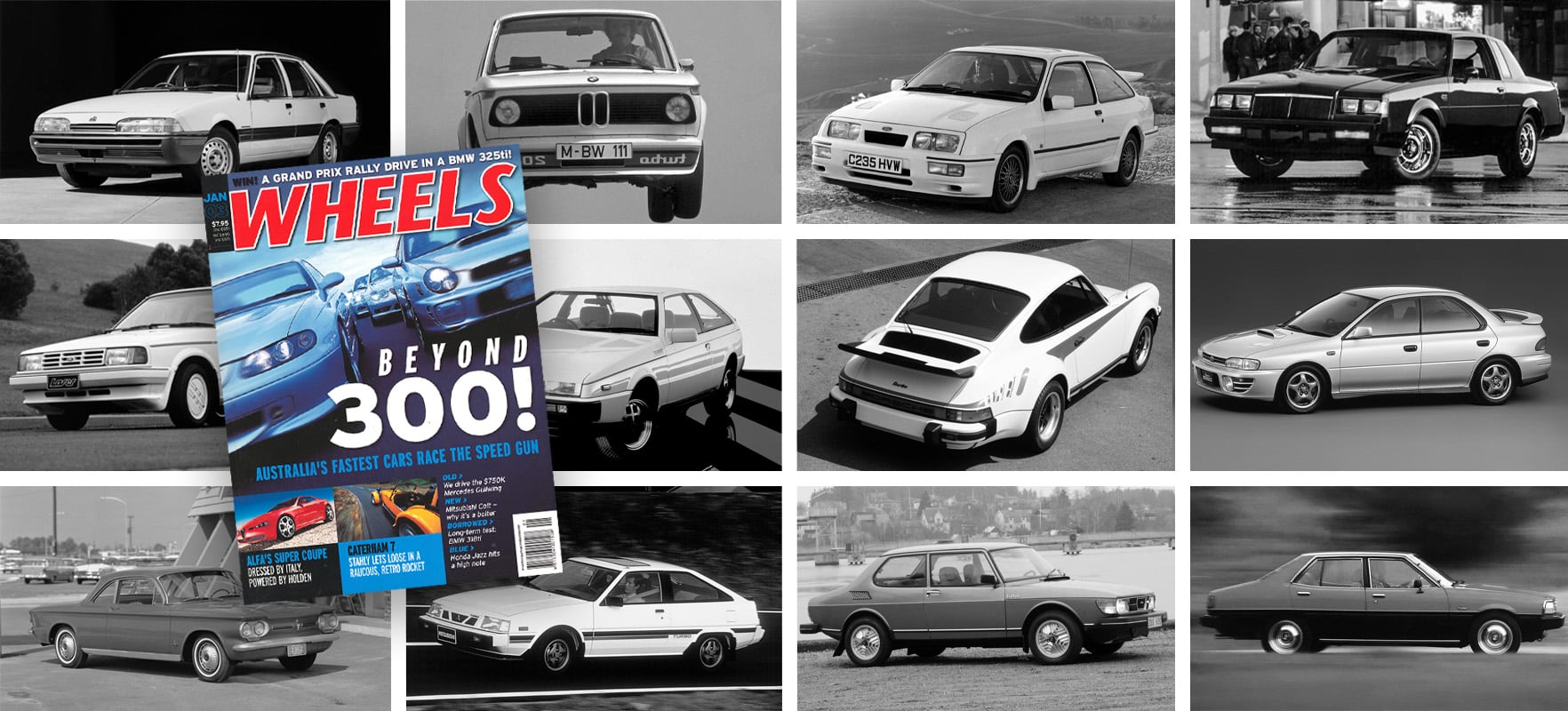 White vintage sedan on a black studio background (left, row 1).','Front view of a gray 1970s BMW 2002-like car (center, row 1).','White coupe on a hillside landscape (right, row 1).','Black-and-white mid-80s sedan in an urban setting (far right, row 1).','White sedan on a rural road (left, row 2).','Rear view of a white German coupe from the 1980s (center, row 2).','Porsche 911 rear quarter view in light gray (right, row 2).','Porsche 944/964-style coupe on a studio gray background (far right, row 2).','Collage of classic cars with a prominent Wheels magazine cover overlay (left, row 2 center).','Two vintage sedans parked on a race track (center, row 3).','Compact hatchback in motion on a city street (right, row 3).','Classic sedan in motion along a highway (far right, row 3).
