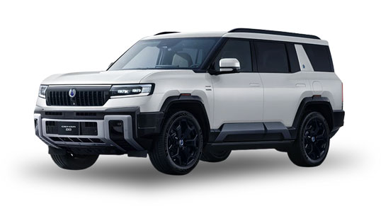 Three-quarter front view of a white GMC Hummer EV SUV against a white studio background.