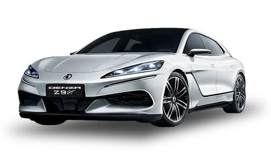Front-left view of a white Denza ZS GT luxury electric sedan on a white background, highlighting its sleek design and alloy wheels.