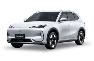 White Geely EX5 compact SUV photographed from a front-right three-quarter angle.