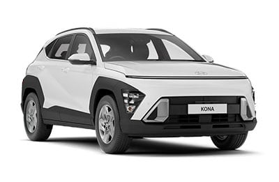 White Hyundai Kona compact SUV shown from a front three-quarter angle, highlighting its angular headlights and black lower cladding.