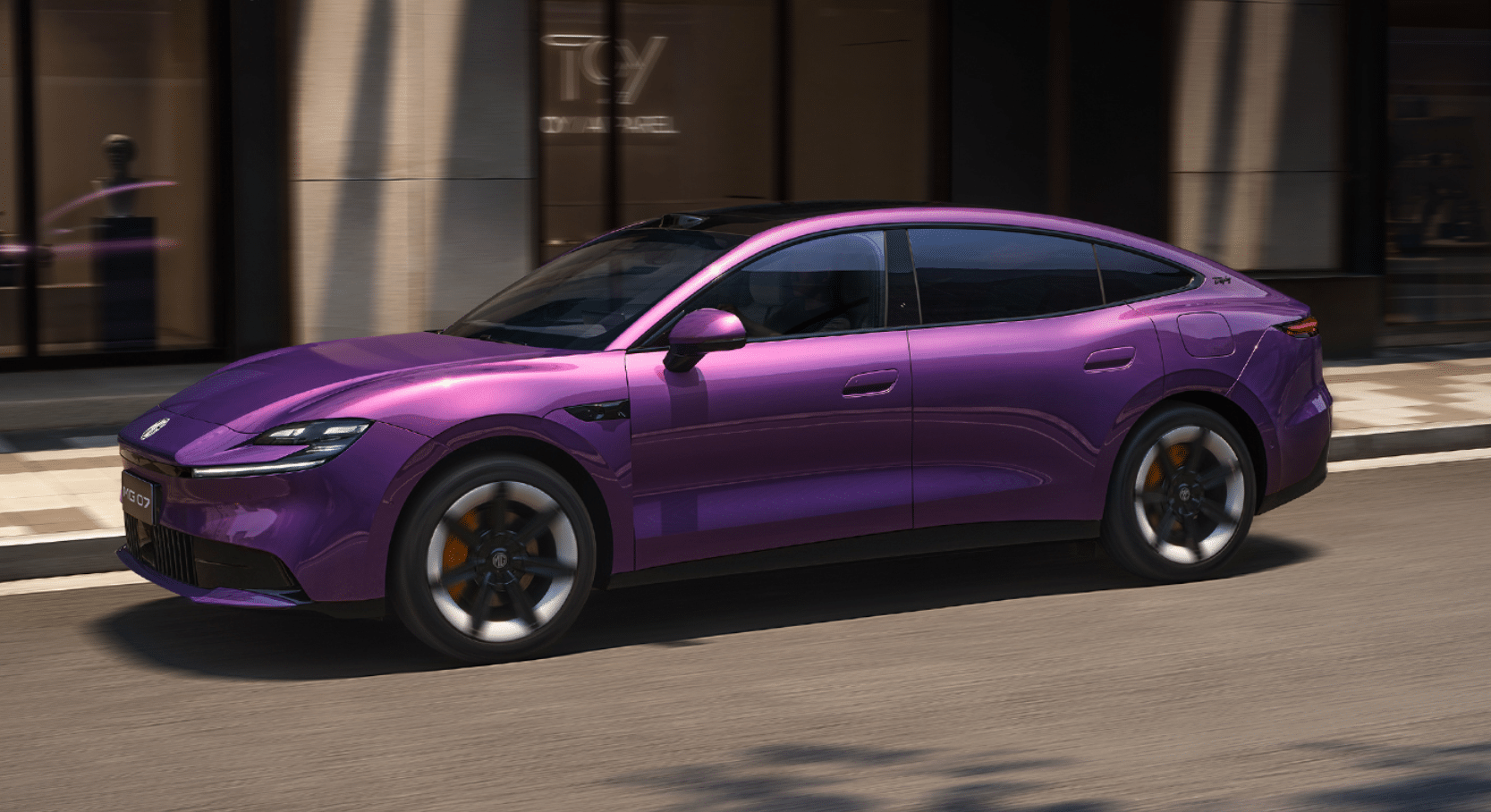 Purple sedan driving along a city street, storefronts in the background, side profile visible from the passenger side window view.