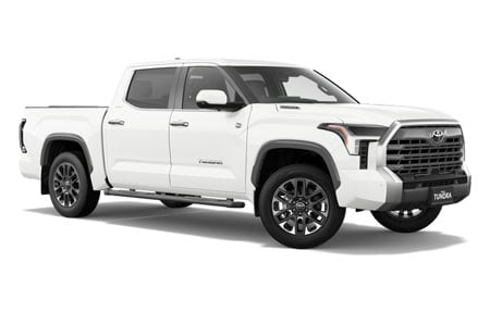 White Toyota Tundra pickup truck, crew cab, shown in a front three-quarter view.