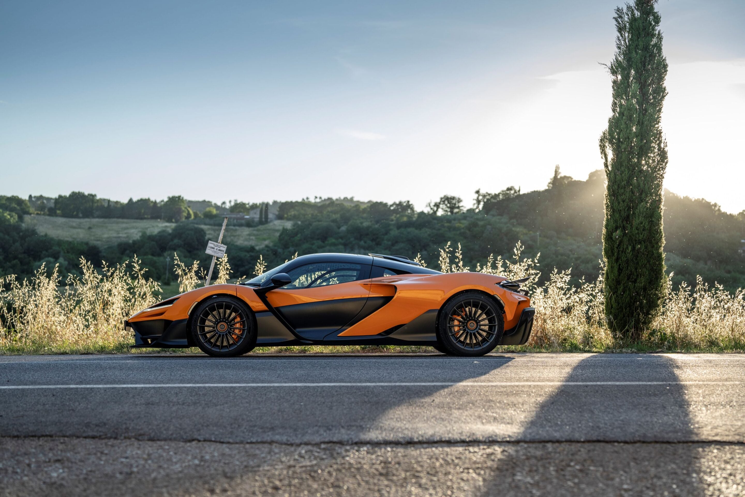Orange sports car parked on a rural road with a tall evergreen to the right and sunshine in the background
