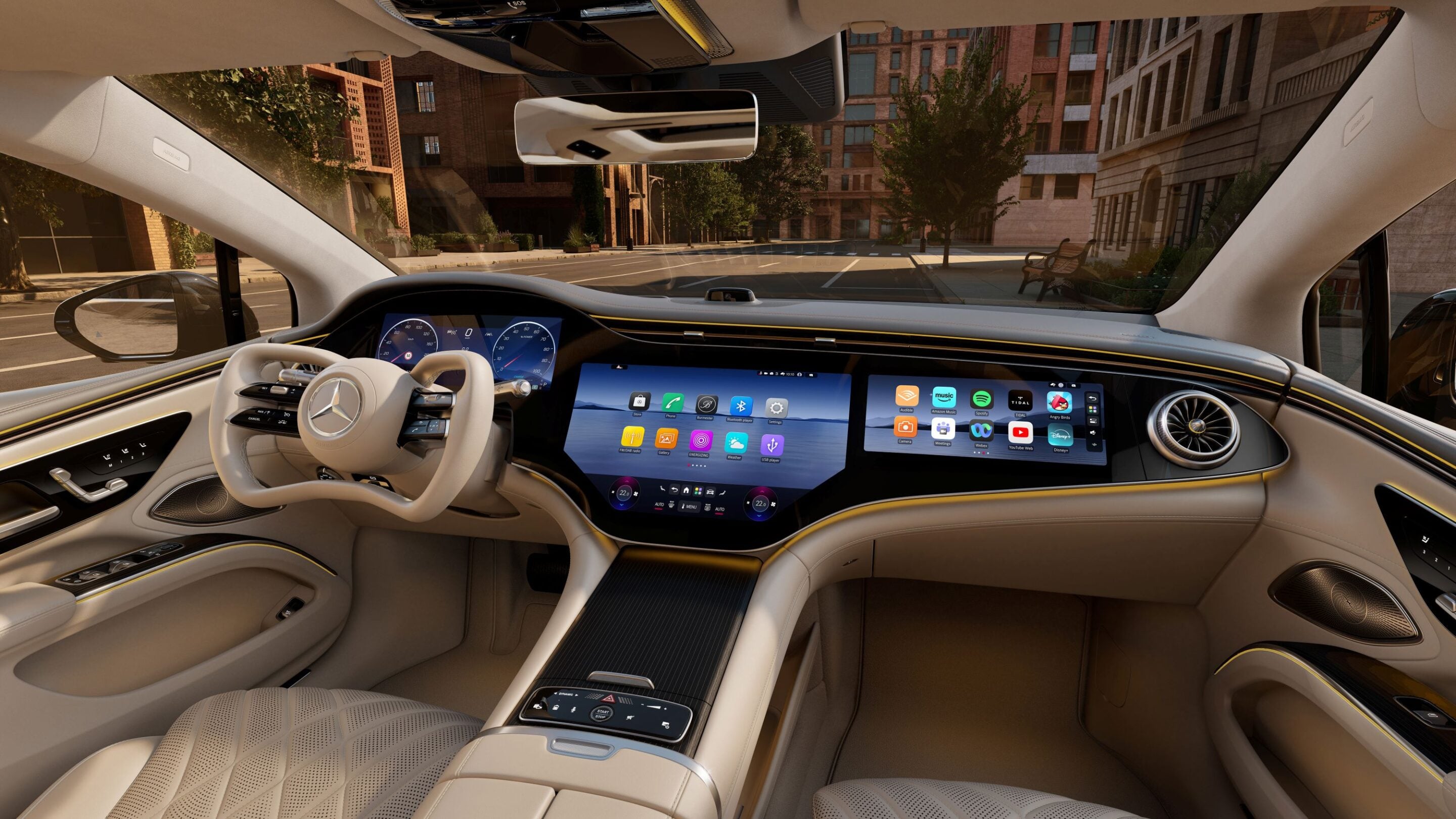 Luxurious car interior with a large digital dashboard and beige leather seats, city street visible through the windshield