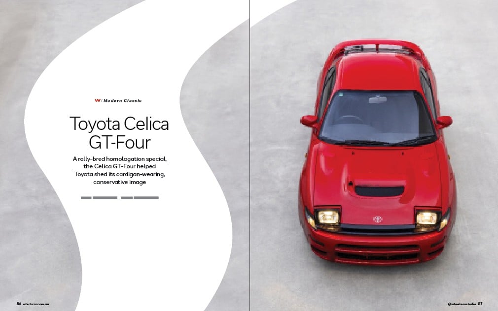 Two-page magazine spread: left page with headline 'Toyota Celica GT-Four' and descriptive blurb, right page shows a red Toyota Celica GT-Four viewed from above in a concrete setting.