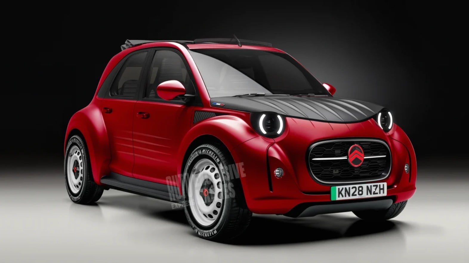 Front three-quarter view of a red compact car with a black hood, circular LED headlights, and a prominent grille on a dark studio background.