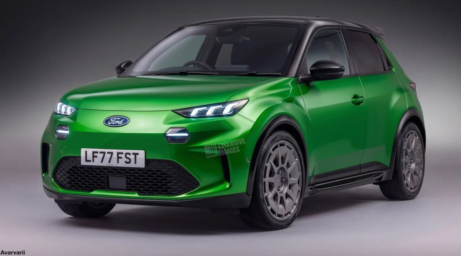 Front three-quarter view of a bright green Ford compact crossover with aggressive grille and license plate LF77 FST