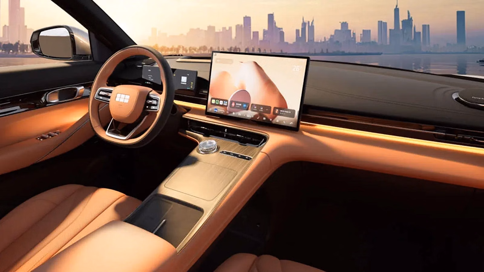 Luxurious tan leather car interior with a wide central touchscreen and city skyline outside the windshield.