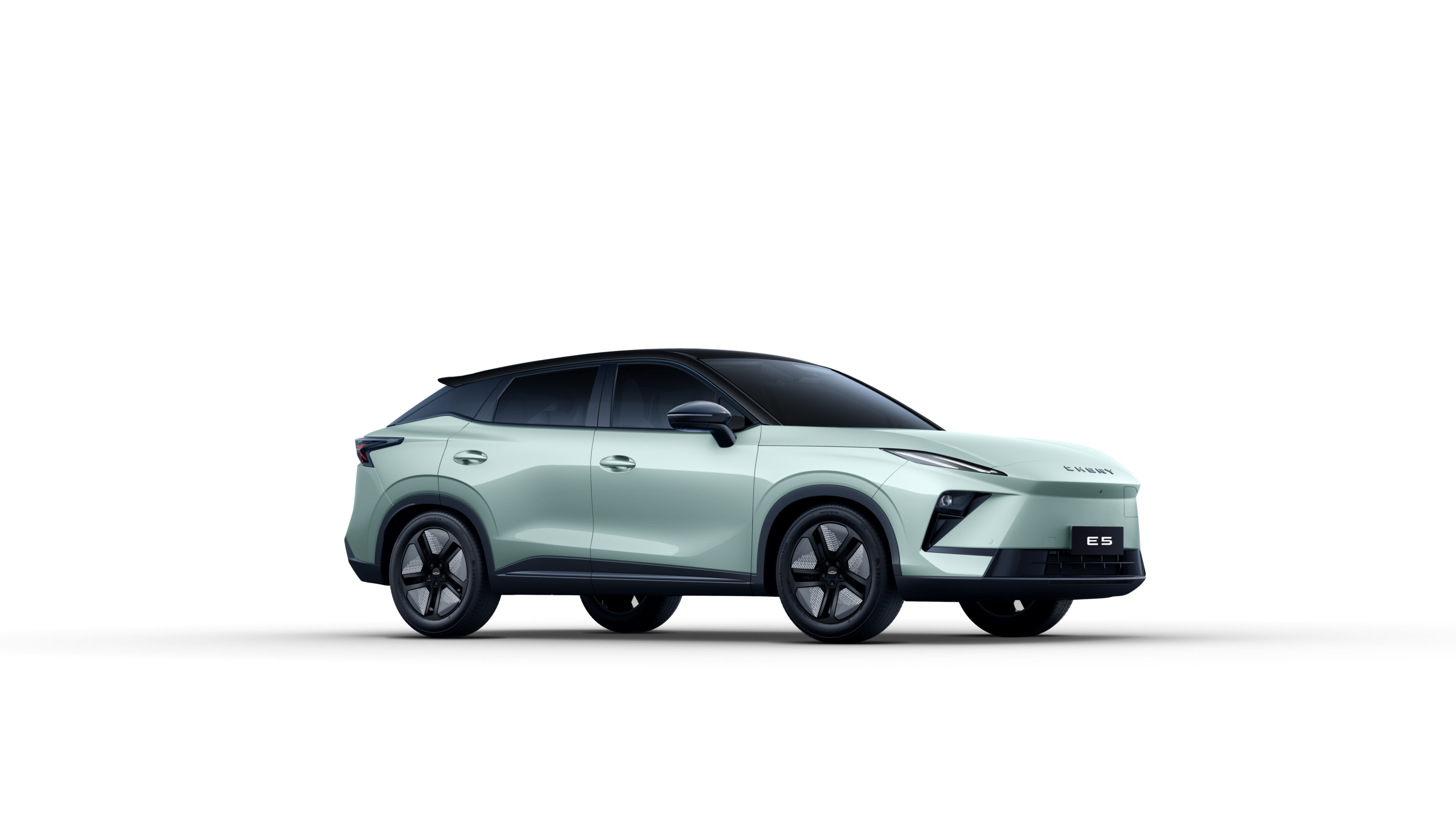 Front-right side view of a light blue Chery E5 SUV against a black background.