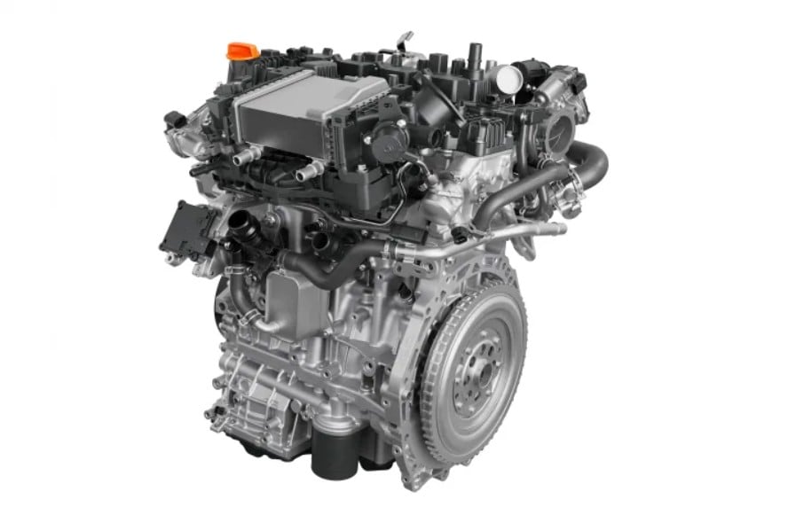 3D rendering of a car engine showing intake manifold, turbo pipes, and flywheel nearby for reference.