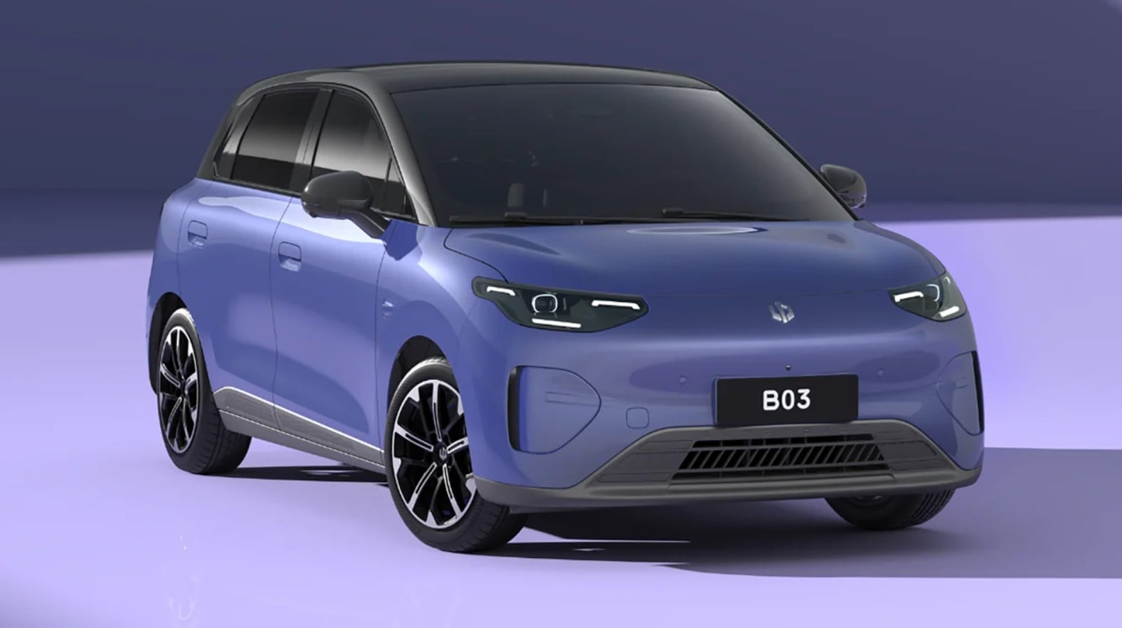 Front-three-quarter view of a blue compact electric SUV with a black roof, on a purple studio backdrop.