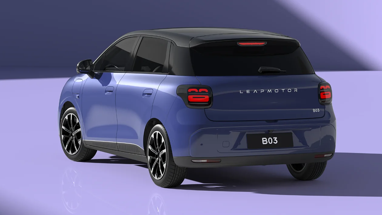 Rear view of a blue Leapmotor B03 electric car with a black roof against a purple backdrop.