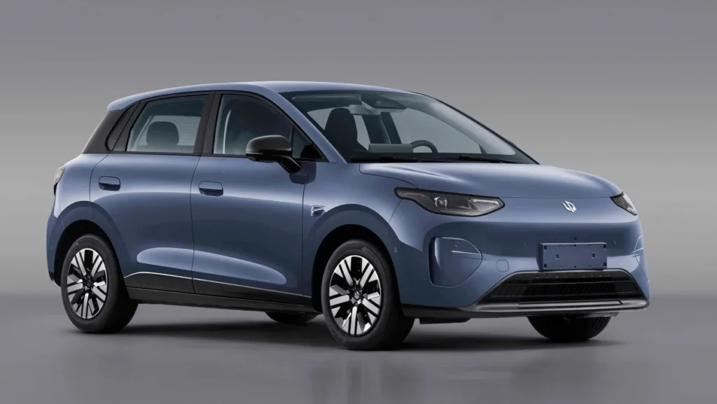 Blue electric compact hatchback car, front three-quarter view showing side and front profile.