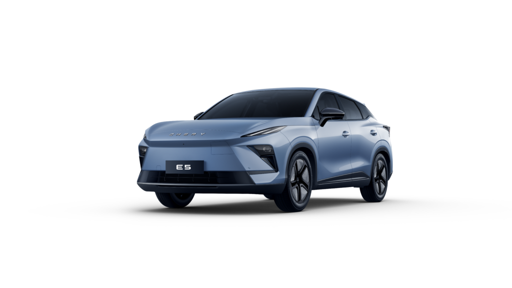 Front three-quarter view of a blue Chery E5 electric SUV against a black background, showing its distinctive headlights and grille.