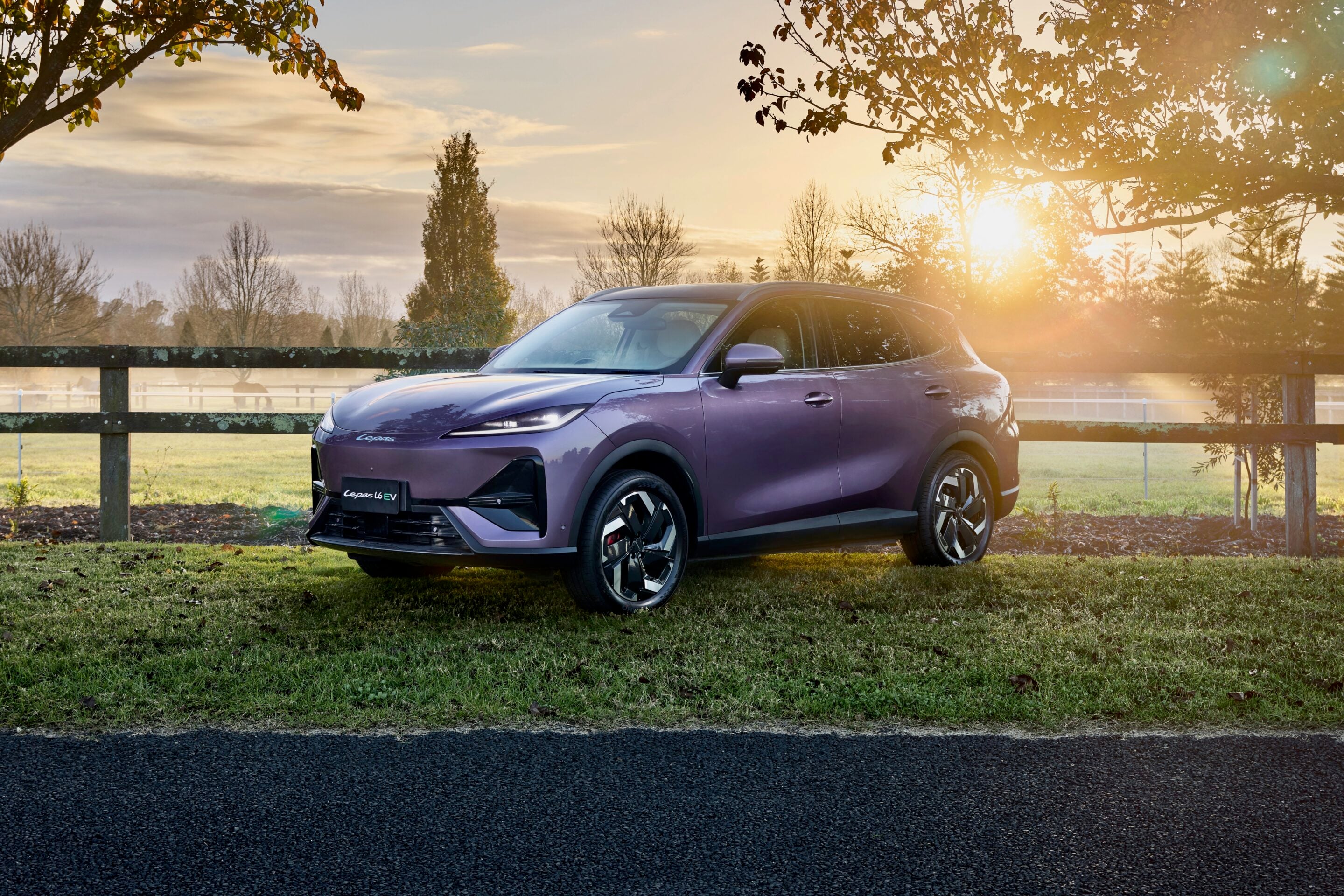Purple electric SUV parked on grass beside a wooden fence at sunset with trees in the background.