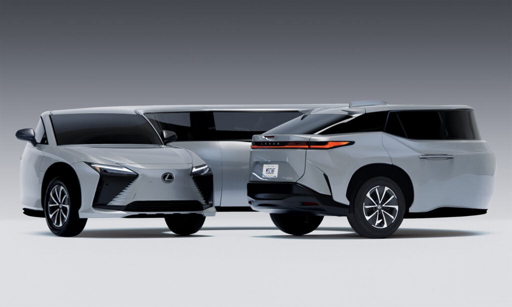 Two white Lexus SUVs shown side by side in a studio with a gray gradient background.