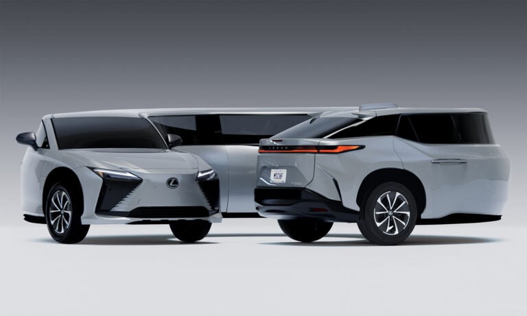 Two white Lexus SUVs shown side by side in a studio with a gray gradient background.