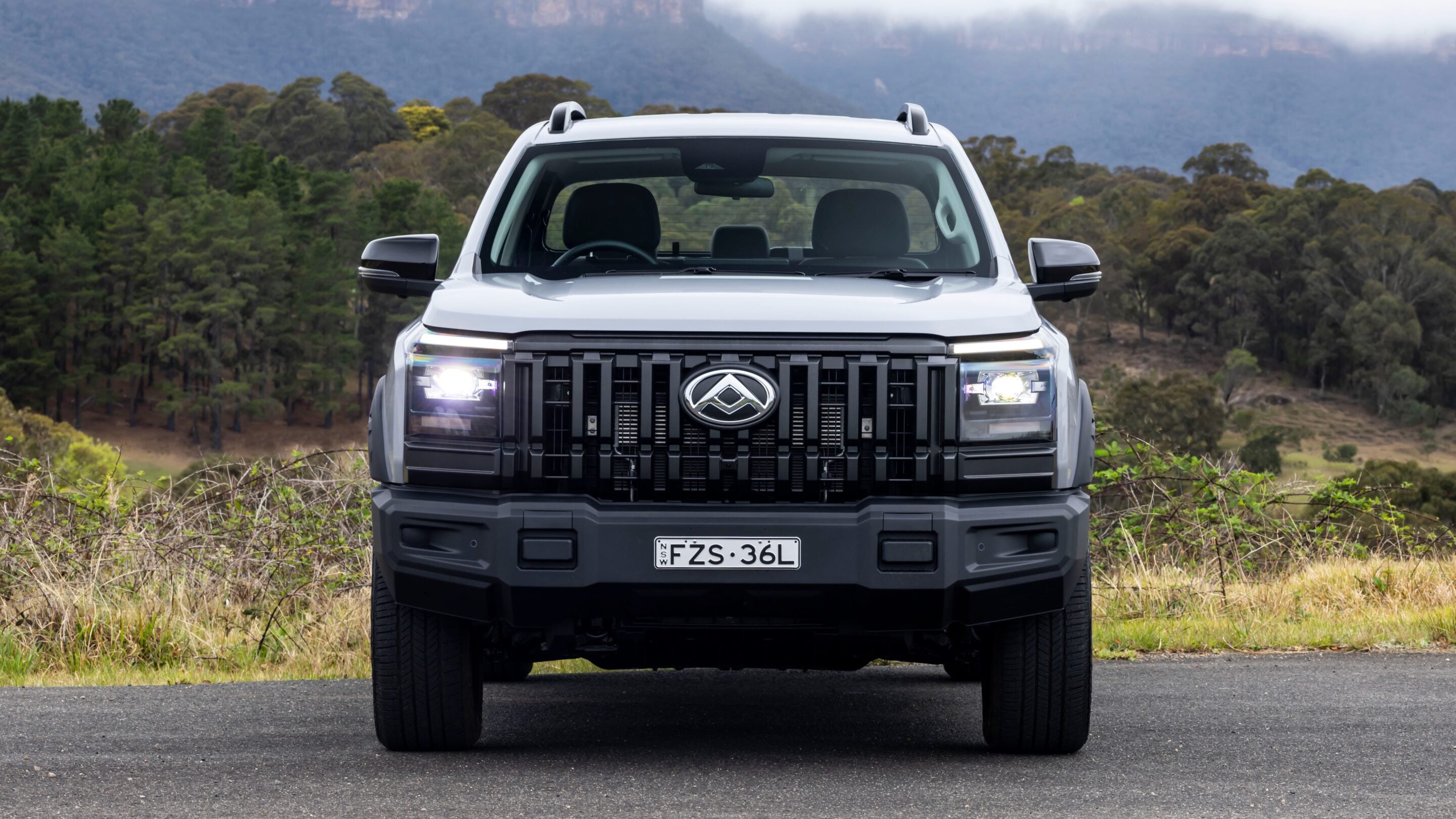Front view of a silver SUV with a bold black grille and headlights on, parked on a rural road with hills in the background.