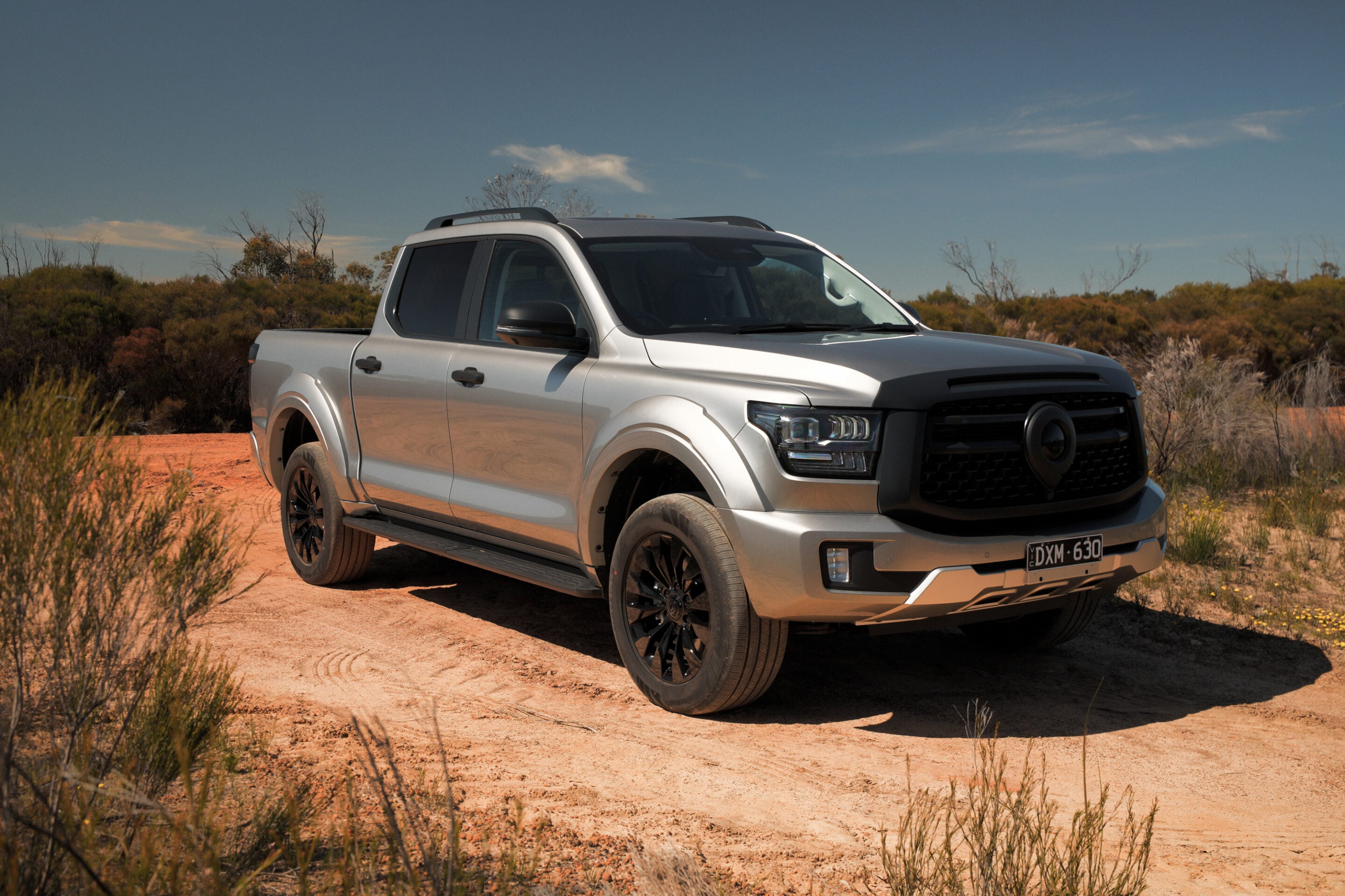 Silver pickup truck on a sandy desert road with scrubby bushes and a clear blue sky. Alternate: Front-right view of a silver pickup with a black grille and roof rails in a desert landscape.
