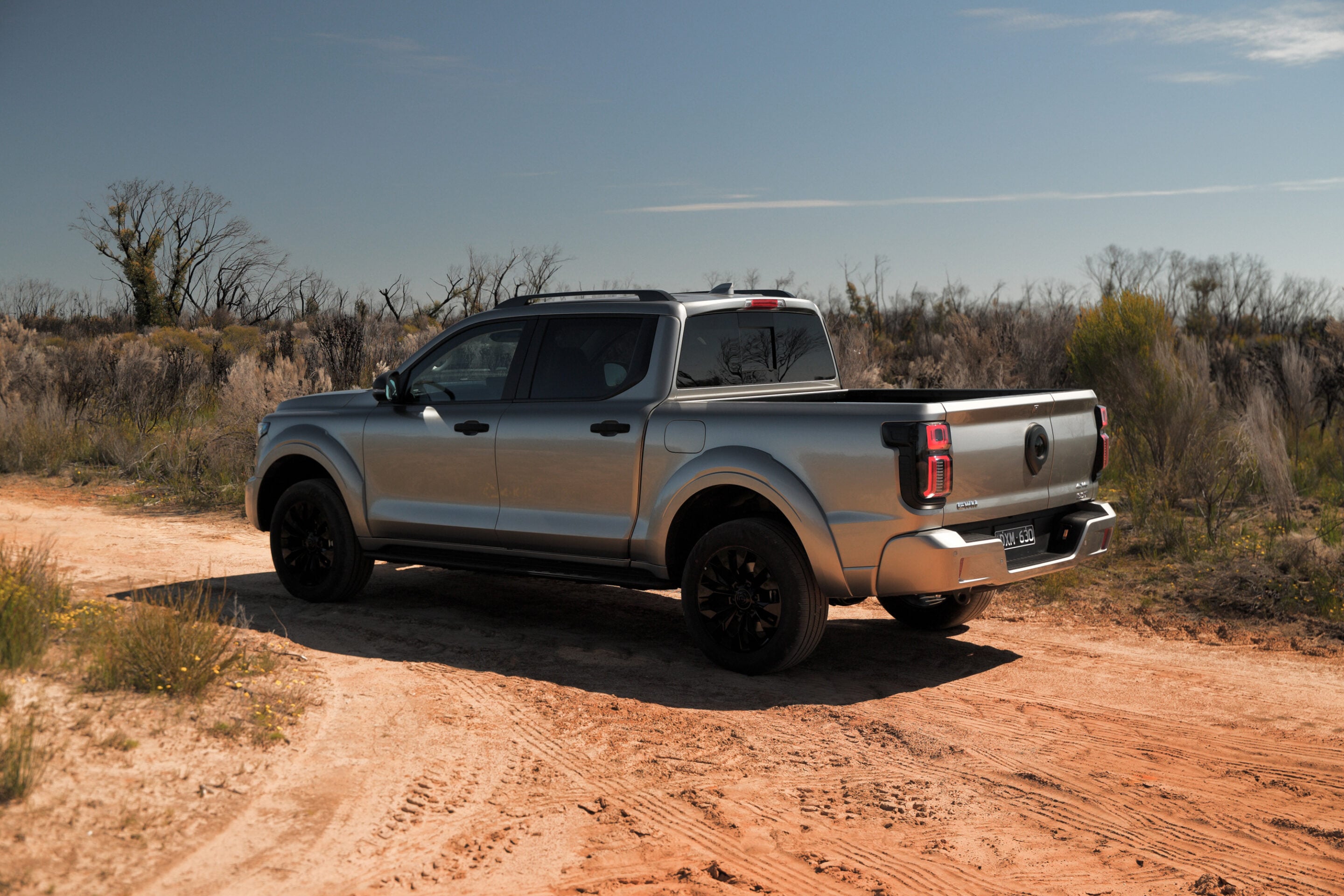 Silver pickup truck parked on a dusty desert road with scrubby vegetation and sparse trees under a clear blue sky.