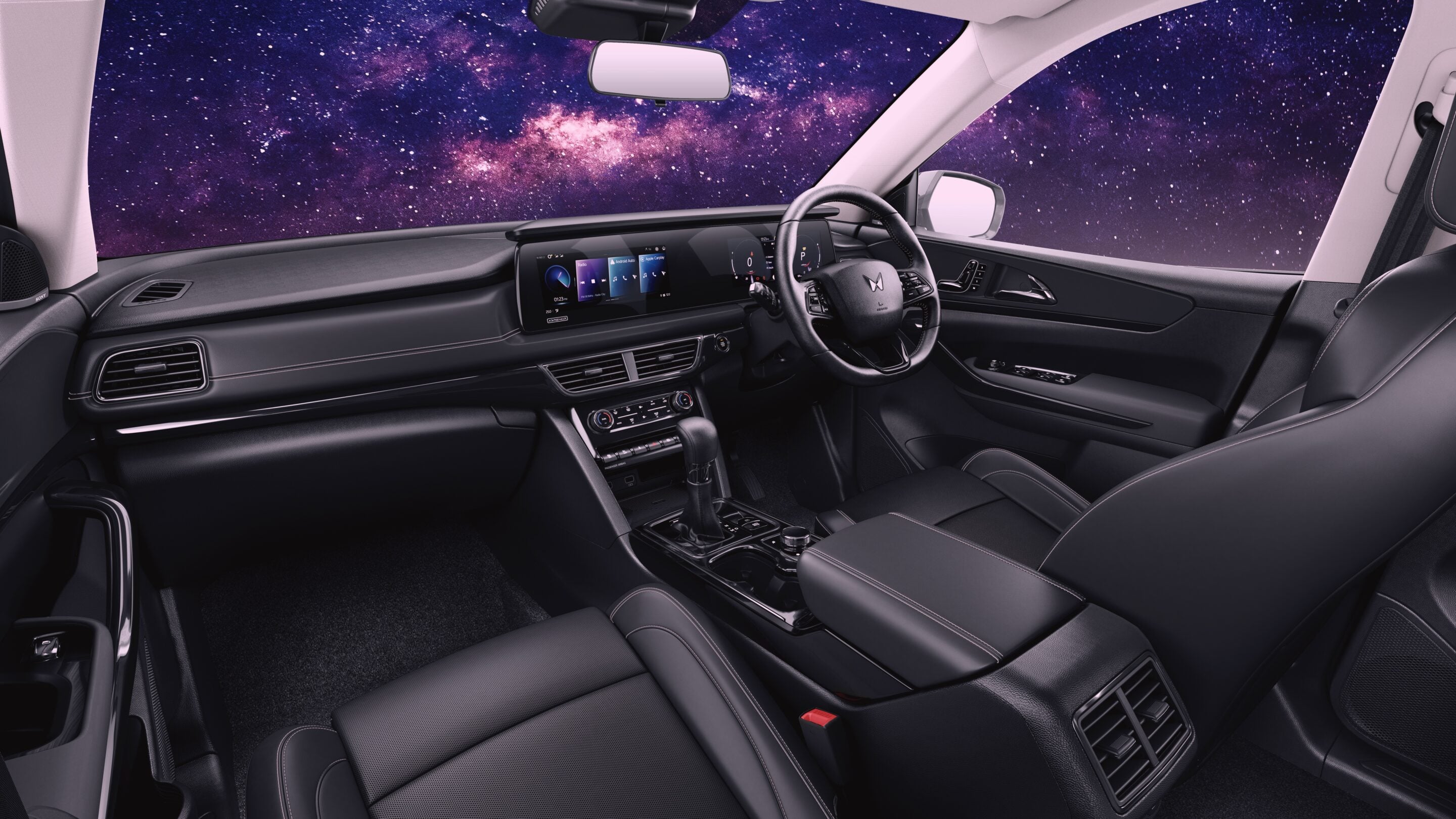Luxurious car interior with a wide digital dashboard and a starry space scene through the windshield