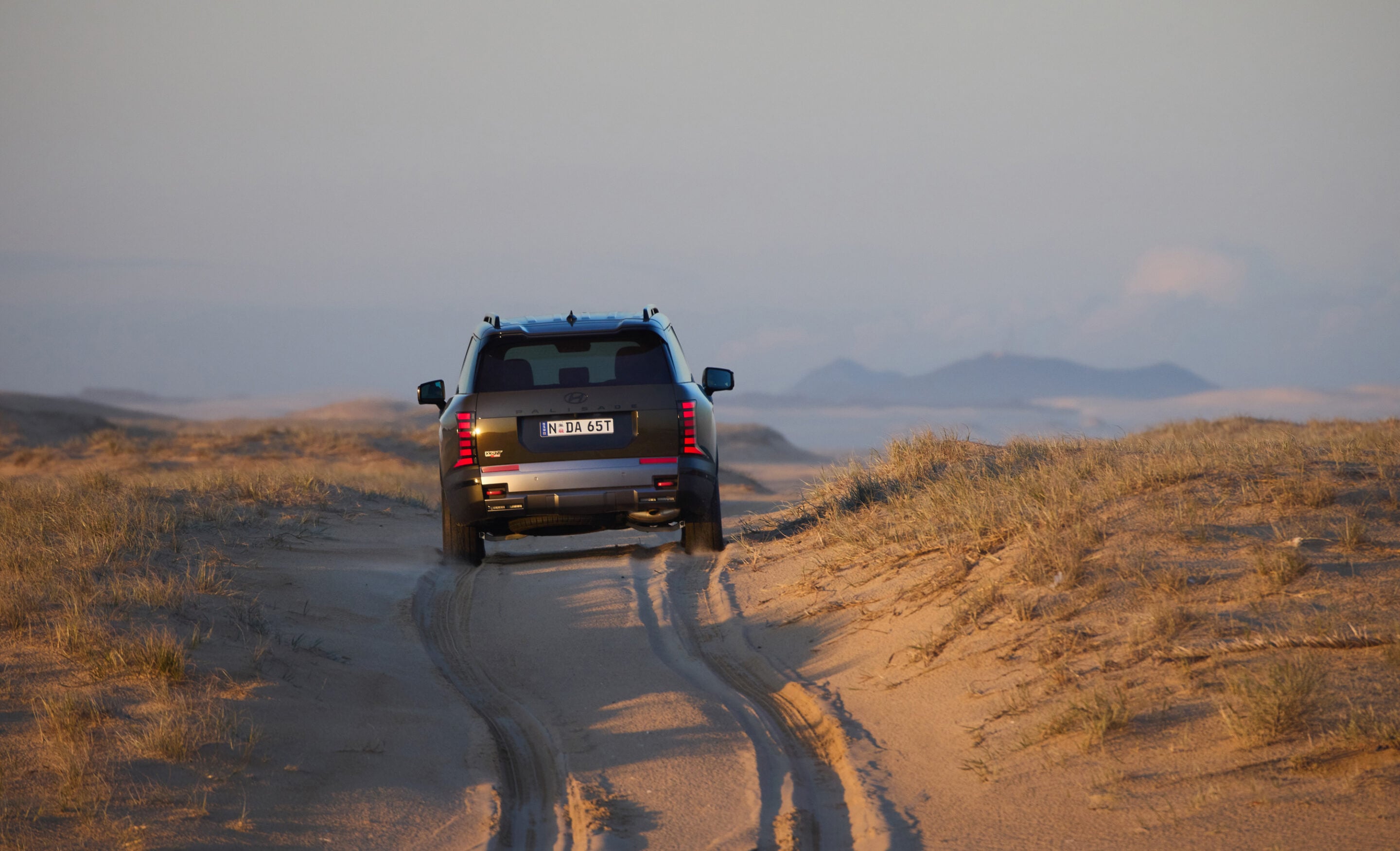 Silver SUV drives away on a sandy dune path, with tufts of grass and distant desert hills under a pale sky (rear view).