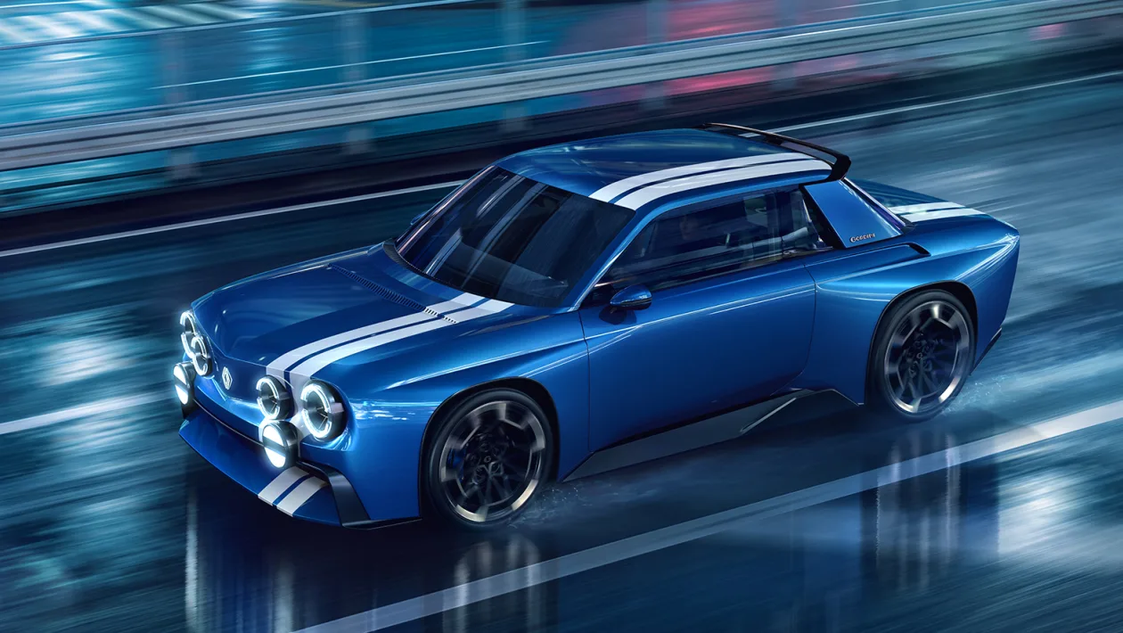 Blue sports car with white racing stripes speeding along a rain-soaked track, headlights illuminated and motion blur suggesting high speed.