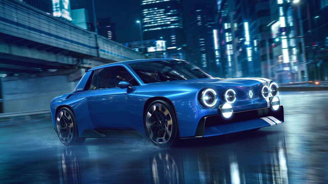 Blue sports car driving quickly through a neon city at night, headlights glowing on a wet street.